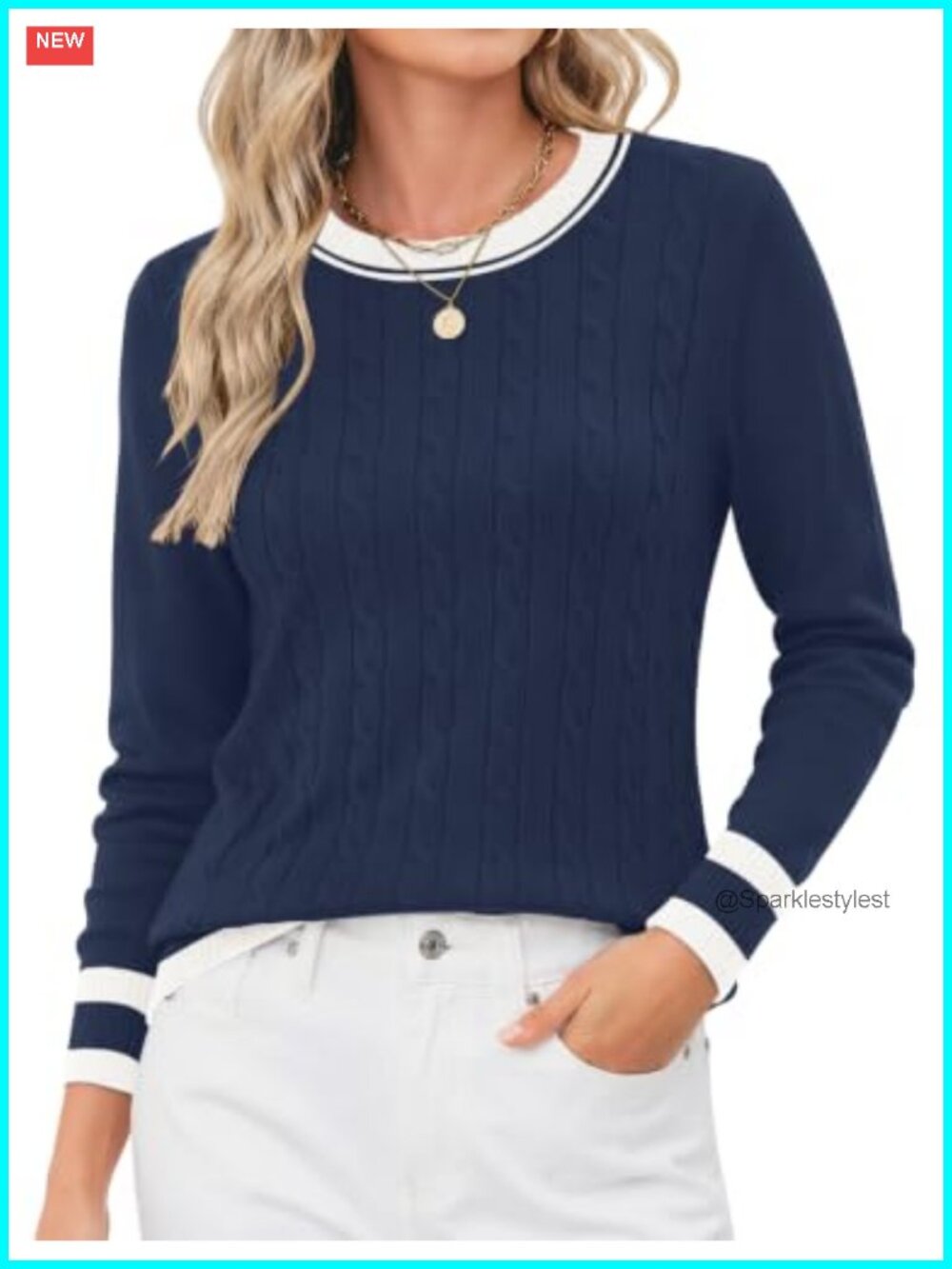 Women's Contrast Trim Cable Knit Sweater Long Sleeve Crew Neck Pullover